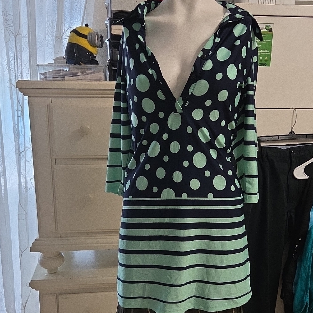 Reborn Blue 3/4 Sleeve Dress Polka Dot & Striped Hem Women's